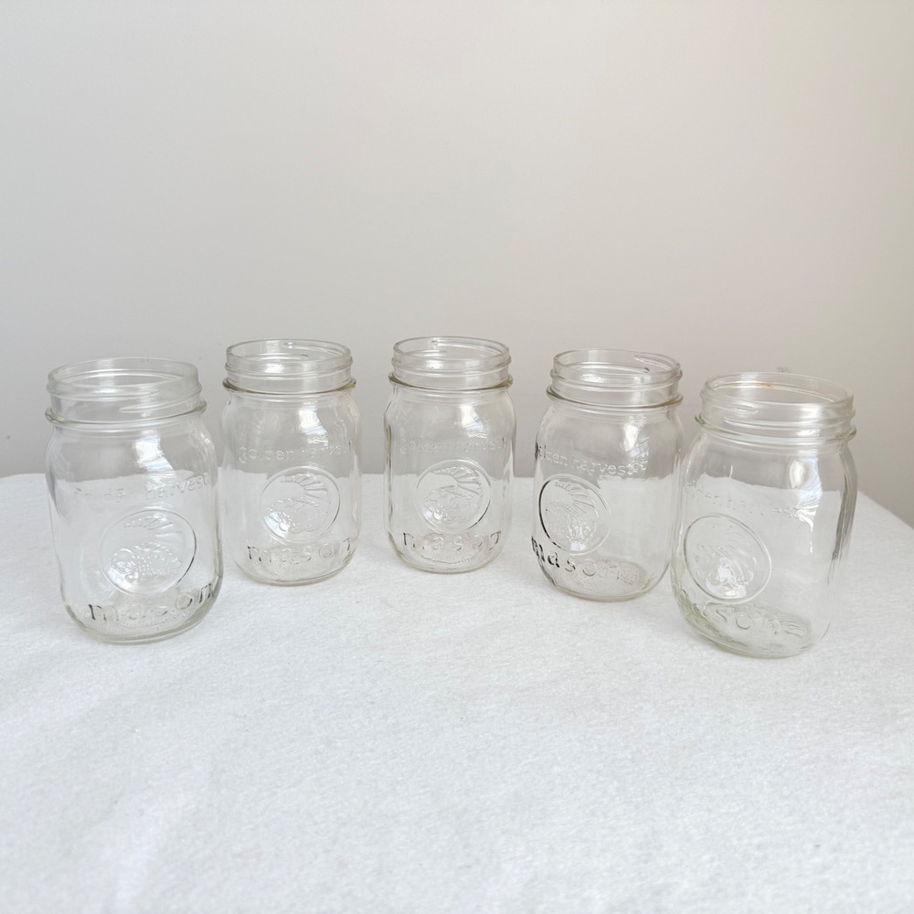 Lot 5 Vintage Golden Harvest Mason Jars Regular Mouth Clear‎ Glass Canning